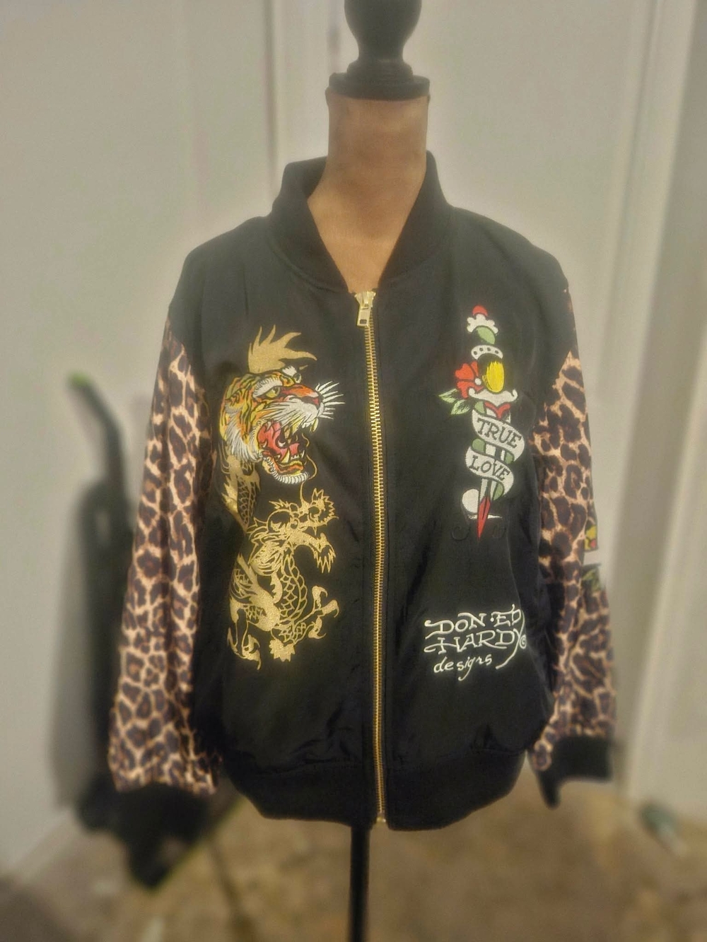 Ed Hardy Black Tiger & Dragon Zip Bomber Jacket with Leopard Sleeves